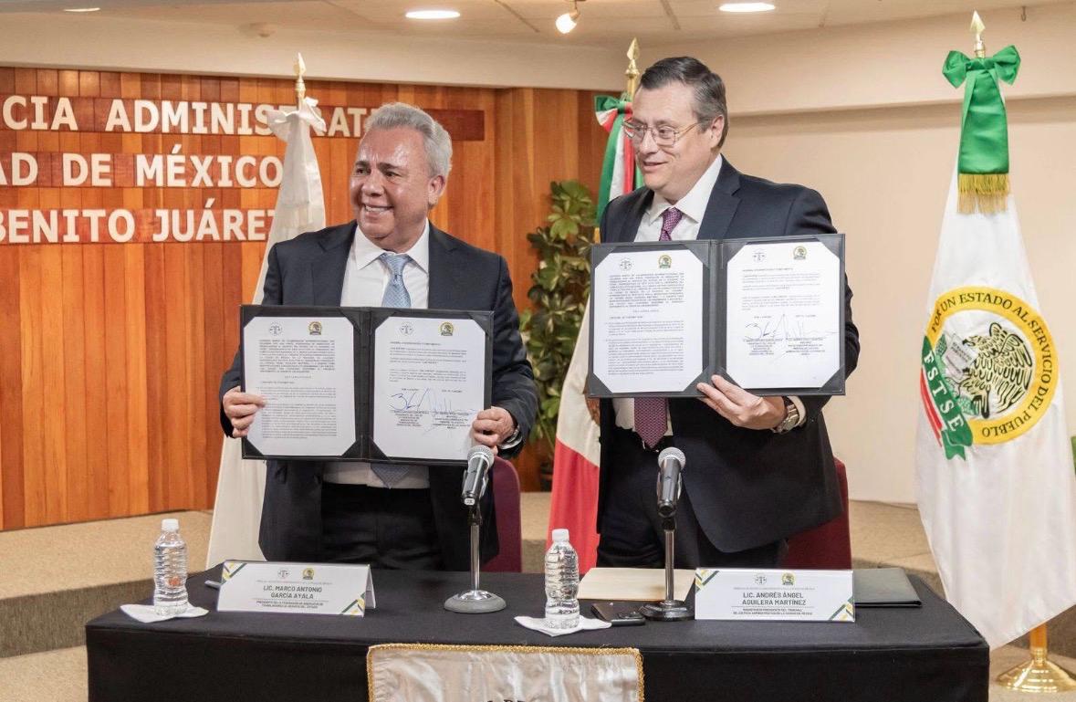 En el Tribunal de Justicia Administrativa de la Ciudad de México, el Dirigente de la FSTSE, Licenciado Marco Antonio García Ayala, y el Magistrado Presidente Doctor Andrés Aguilera Martínez suscriben convenio estratégico para fortalecer el Estado de Derecho y garantizar acceso efectivo a la justicia administrativa